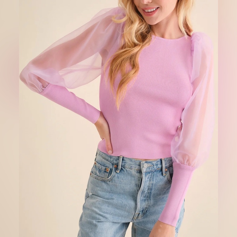 Pink Rib Knitted Organza Puff sleeve Sweater Top